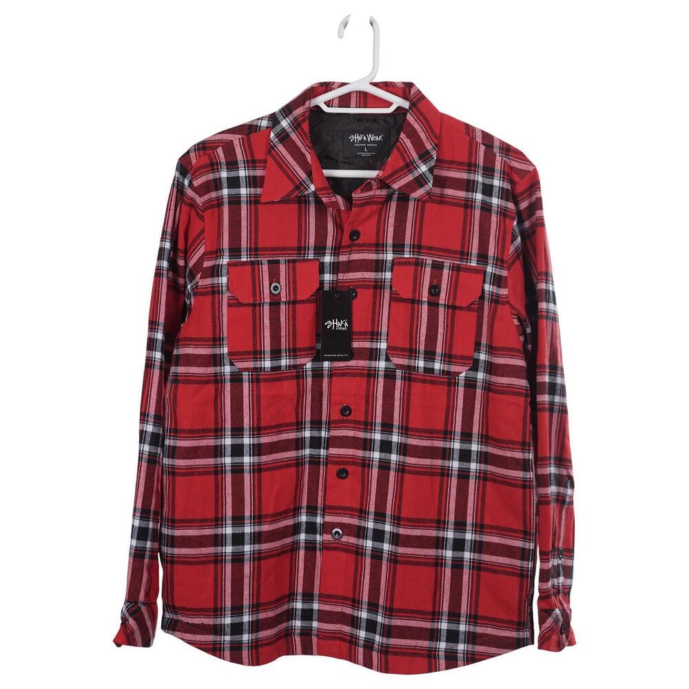 Shaka Wear Shirt Jacket Men L Red Plaid Button Up Long Sleeve Casual Shacket